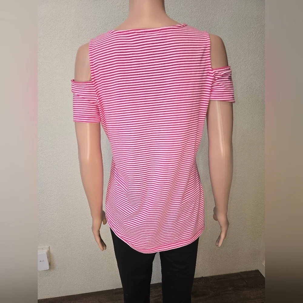 Michael Michael Kors Women's Md Top Striped Pink White Cold Shoulder Sleeve Logo